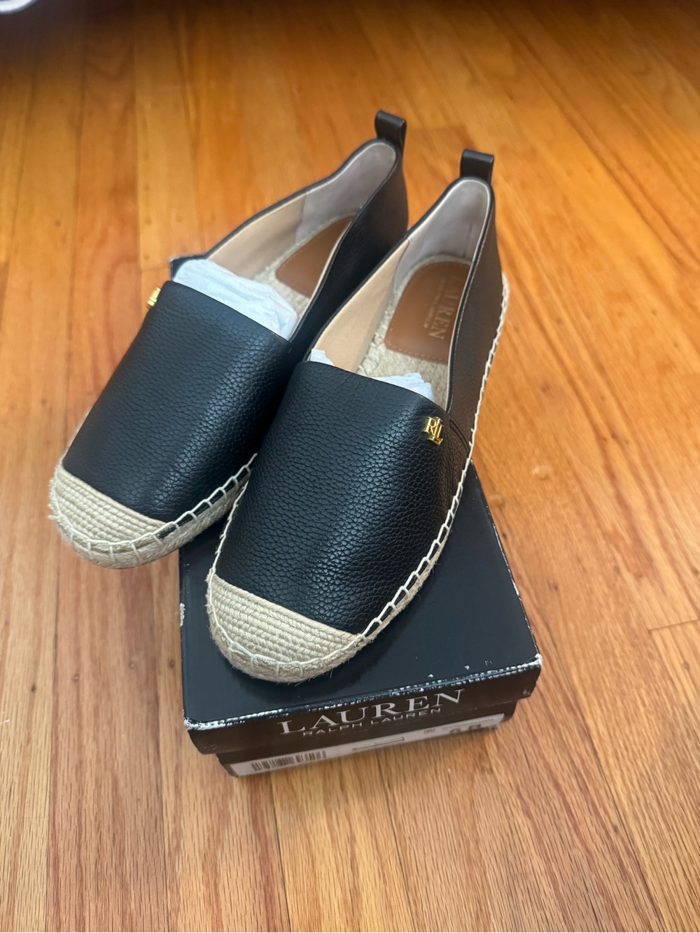 Lauren Ralph Lauren Black Leather Espadrille Flats with Natural Jute Toe